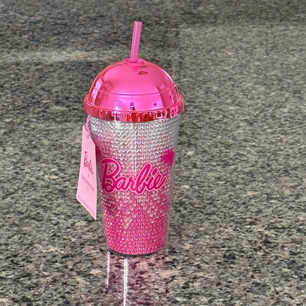 NWT- Barbie x Skinnydip 16oz pink/silver rhinestone tumbler w/ straw & dome lid